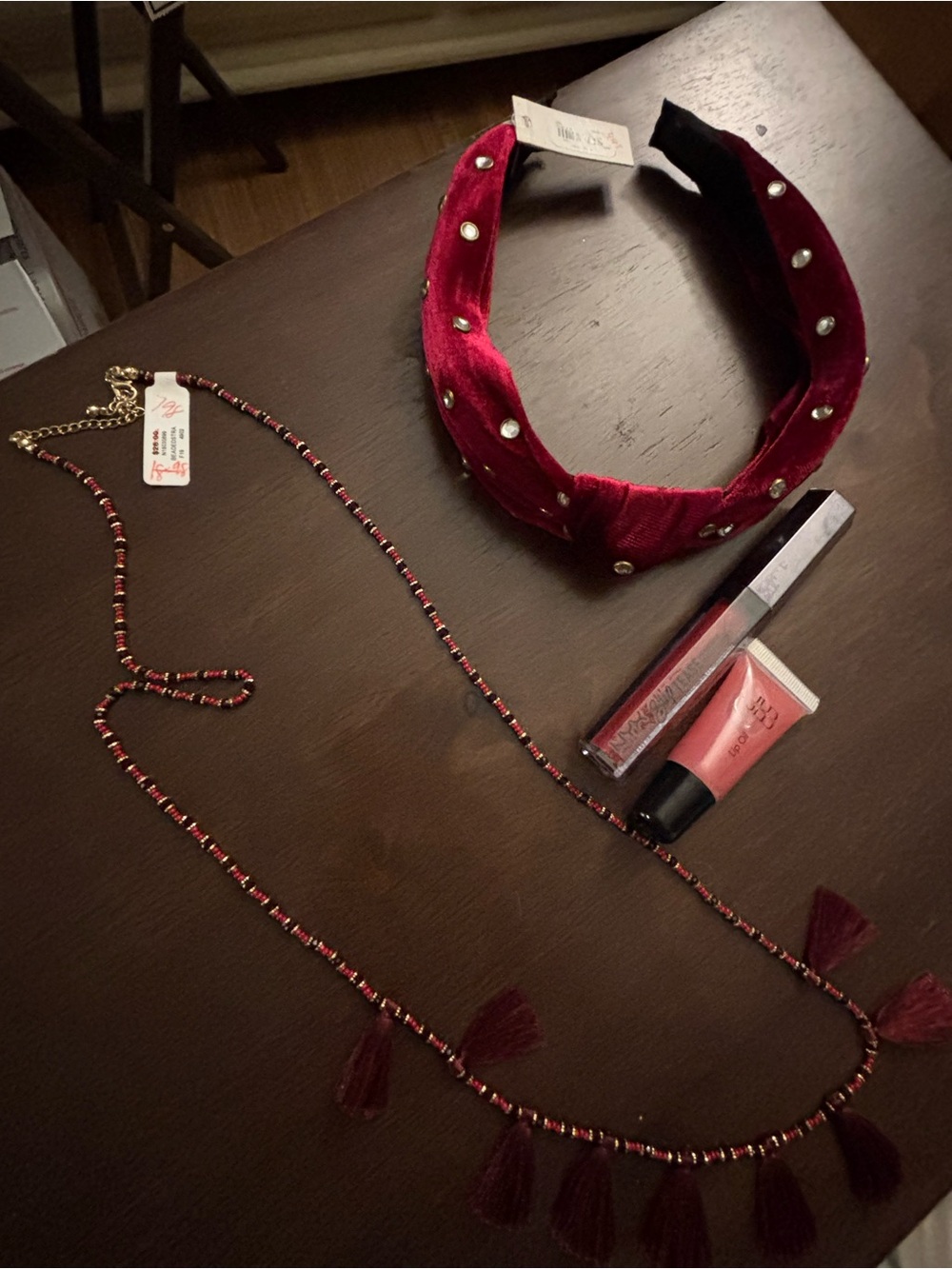 Velvet Red Pearl Accent Headband and Tassel Bead Necklace & lip gloss & lip oil